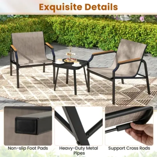 Tangkula 3 PCS Outdoor Chair Set Metal Frame Armchair & Table w/ Breathable Fabric Seat image {7}