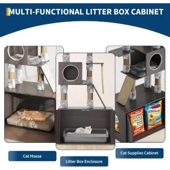 Cat Tree with Litter Box Enclosure 66.9", 2-in-1 Multi-Level Cat Condo Tower for Indoor Cats, Scratching Posts, Perch, Caves, Space-Saving Cat House image {3}