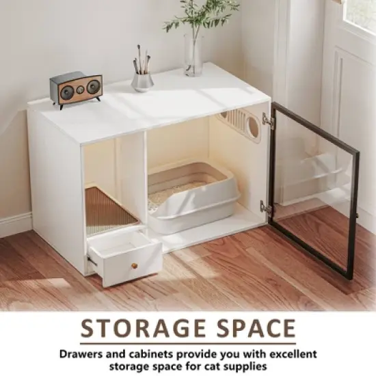 ATJafurn 37.4 " Hidden Cat Litter Box Cabinet with Magnetic Light Strip and Drawer, Modern Furniture Style Kitty Cat Cabinet for Apartment image {5}