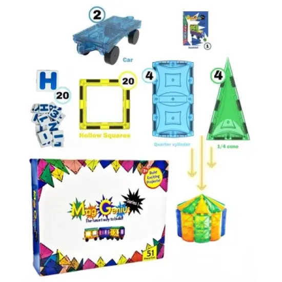 Mag Genius - 51 pieces of Colorful and Transparent Magnetic Building Tiles in Geometrical Shapes for Enhanced Structures image {1}