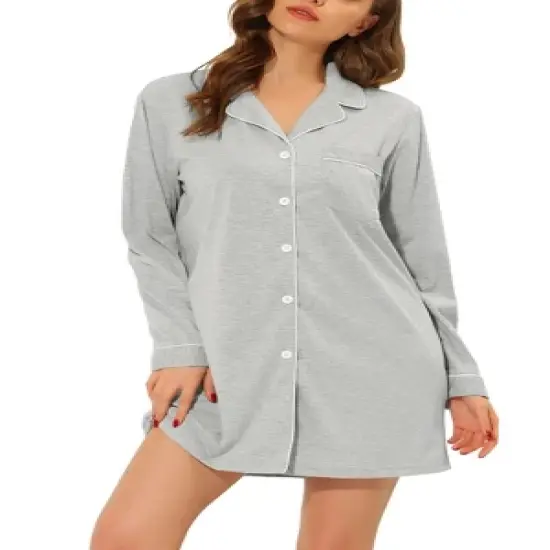 cheibear Women's Long Sleeve Button Down Lounge Dress Nightshirt Sleepwear image {7}