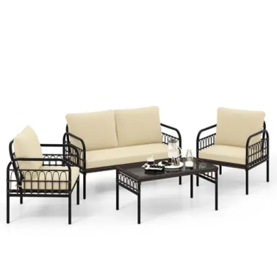 Costway 4 PCS Patio Furniture Set Outdoor Wicker Conversation Bistro Set with Soft Cushions image {2}