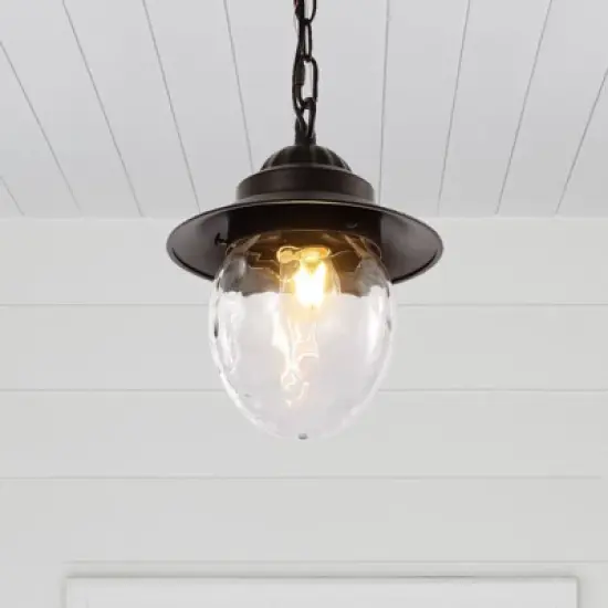 8.25" 1-Light Manteo Farmhouse Industrial Iron/Glass Outdoor LED Pendant Oil Rubbed Bronze/Clear - JONATHAN Y image {4}