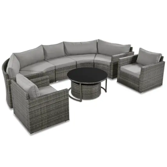 FIONECA 9-Piece Half-Moon Patio Sofa Set, Outdoor Round Wicker Sectional with Coffee Tables & Cushions, Gray image {11}