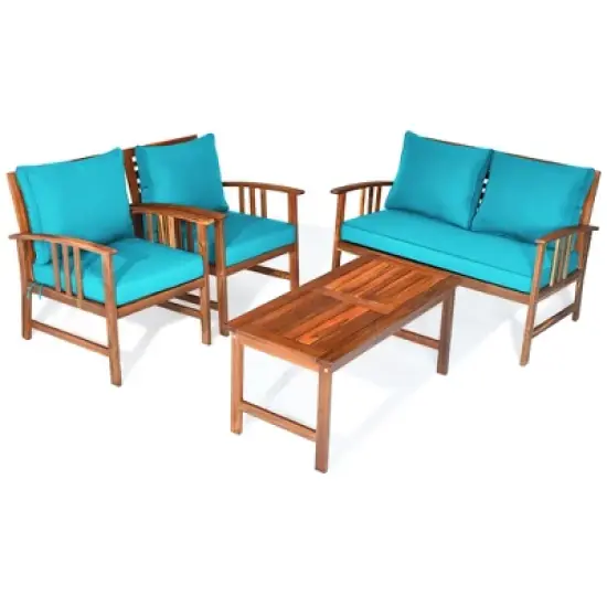 Tangkula 8pcs Wooden Patio Furniture Set Table & Sectional Sofa w/ Turquoise Cushion image {6}