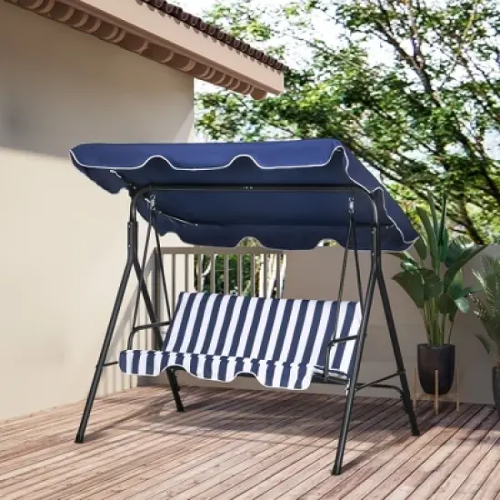 CAVINAS Striped 3-Seat Patio Porch Swing,Hammock Swing Bench with Adjustable Canopy,Outdoor Swing for Garden&Backyard,440LBS Capacity,Dark Blue image {4}