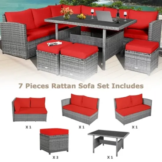 Tangkula 7PCS Rattan Patio Sectional Sofa Set Conversation Set w/ Red Cushions image {4}