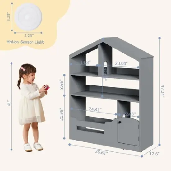 3-Tier Wooden Kids Bookshelf & Toy Organizer | with Motion Sensor Light | Storage for Bedroom, Classroom & Playroom image {2}