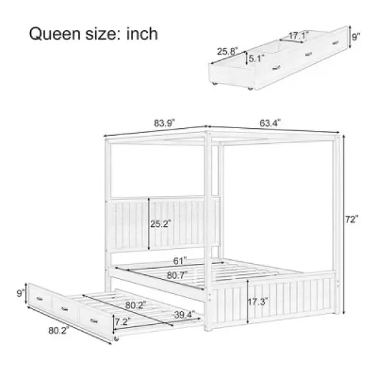 Queen Size 4 Poster Canopy Platform Bed with Trundle and 3 Drawers, Solid Wood Bed Frame with Headboard, No Box Spring Needed - ModernLuxe image {2}