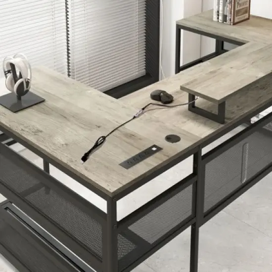 Kumasinova 82" L Shaped Desk with Storage,U-Shaped Gaming Desk with Power Outlets,LED-lit Office Desk with Monitor Stand for Office&Study,Gray image {3}