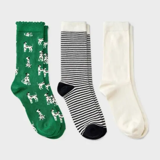 Women's Dogs Scallop Cuff 3pk Crew Socks - A New Day&trade; Green/White/Black 4-10 image {3}