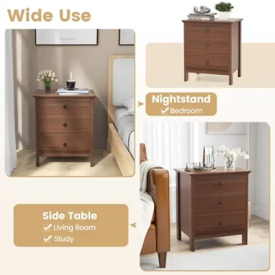 Tangkula 3-Drawer Nightstand Wooden Bedside Table Modern Side End Table Walnut image {5}
