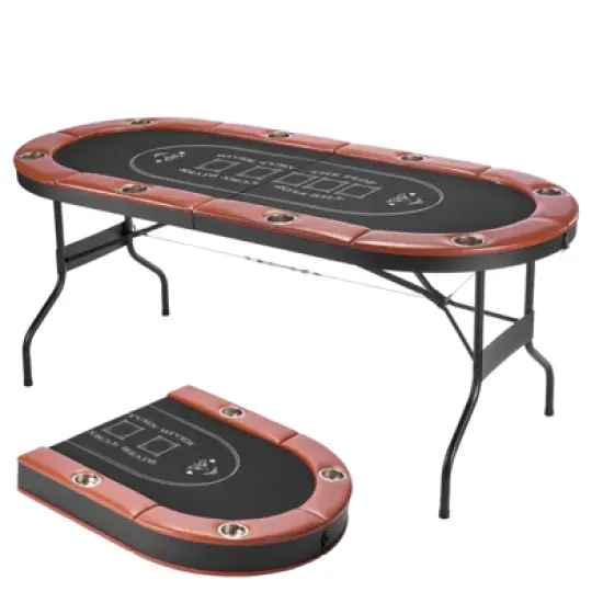 VEVOR Foldable Poker Table, 8 Player 72 in Folding Casino Leisure Table with Padded Rails and Cup Holders, Oval Portable Game Tables, Brown image {8}