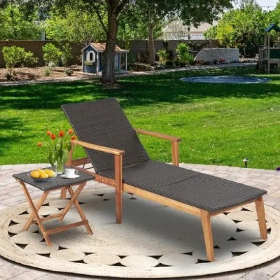 Tangkula 2PCS Patio Lounge Chair Adjustable Recliner Chair Acacia Wood Frame Folding Table Set image {1}