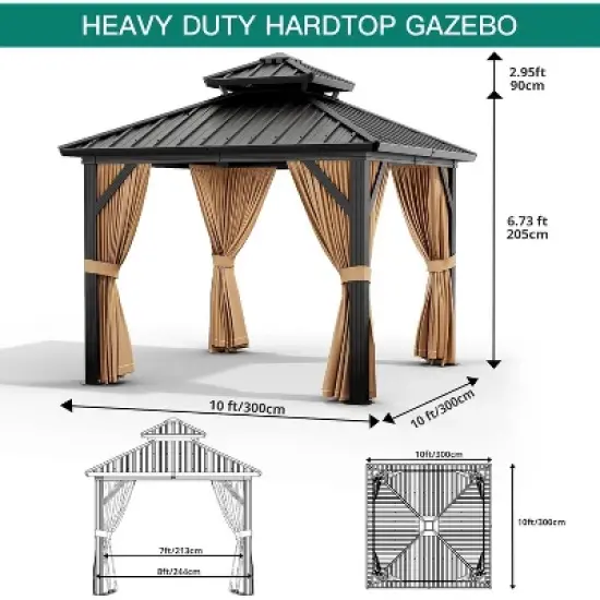 10x10 FT Permanent Hardtop Gazebo Outdoor Pavilion, Heavy Duty Aluminum Frame, Garden Shelter with Curtains & Netting, All-Weather Patio Canopy image {2}
