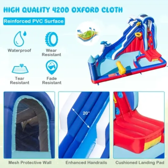 Tangkula Inflatable Water Slide Park Dolphin Theme Kids Bounce House w/ Long Slide 2 Splash Pools Climbing Wall (Without Blower) image {3}