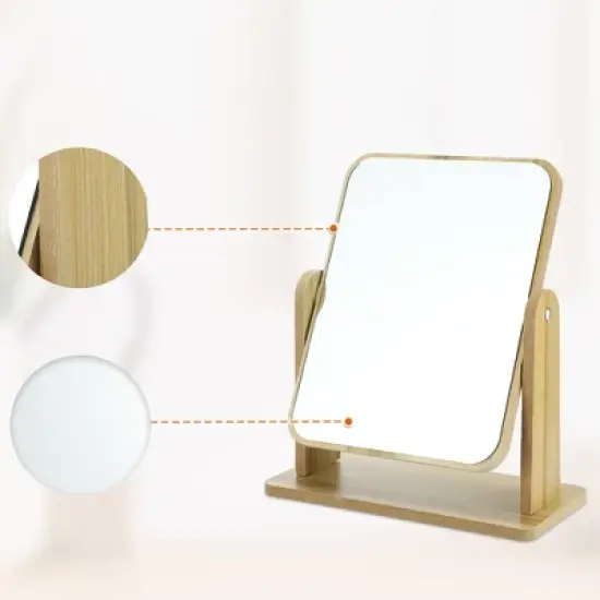 Unique Bargains Natural Wooden Rotating Makeup Mirror Beige 1 Pc image {4}