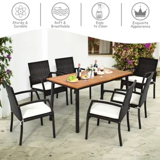Tangkula 7PCS Patio Rattan Furniture Dining Set Wooden Table Cushioned Chair image {5}