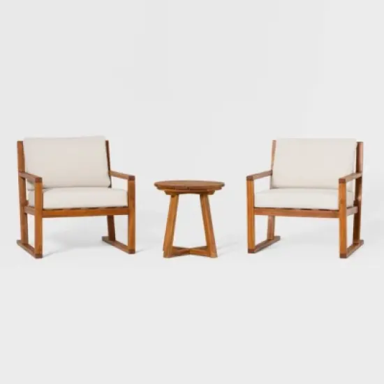 Saracina Home 3pc Modern Slat-Back Acacia Outdoor Conversation Set with Cushions 
 image {5}