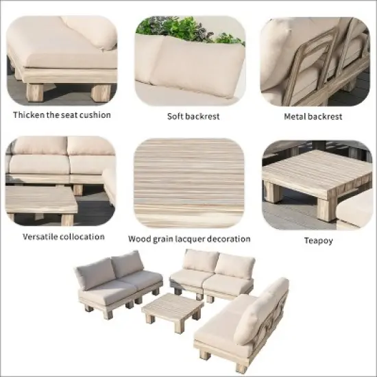 Moda Furnishings 6-Person Outdoor Patio Aluminum Wood Grain Sectional Seating Group With Beige Cushions image {7}