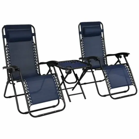Costway 3PCS Zero Gravity Recliner Lounge Chairs Pillows Table Portable Folding Navy image {4}