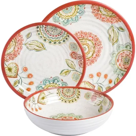 Laurie Gates Brick Floral Ripple 12 Piece Melamine Dinnerware Set in Red image {4}