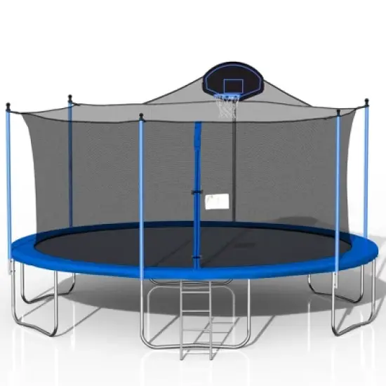 Whisen 16 ft. Trampoline with Basketball Hoop, Outdoor Trampolines w/Ladder and Safety Enclosure Net image {1}