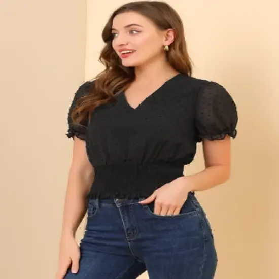 Allegra K Women's V Neck Short Puff Sleeve Swiss Dots Smocked Waist Summer Blouse image {1}