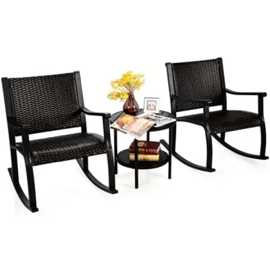 Tangkula 3-Piece Wicker Rocking Bistro Set Outdoor Conversation Set with Coffee Table image {6}