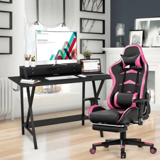 Costway Gaming Desk&Massage Gaming Chair Set w/ Footrest Monitor Shelf Power Strip Pink image {2}