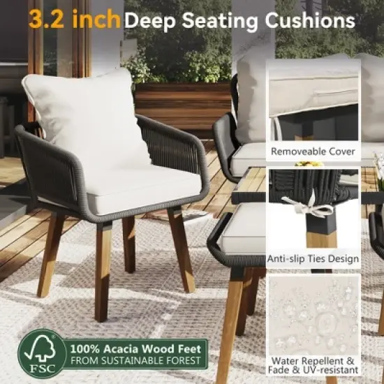 6-Piece Outdoor Wicker Sofa Set with Unique Rope Weaving, Acacia Wood Coffee Table with Ice Bucket, and Ottomans image {10}