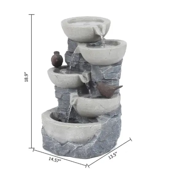 LuxenHome Gray Resin Bowls and Birds Outdoor Fountain image {7}