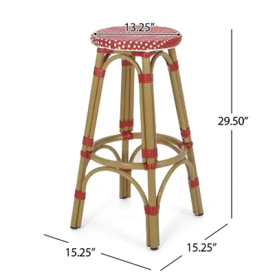 Outdoor PE Ratten and Aluminum 29.5" French Backless Barstools, Set of 2, Red, Bamboo Print Finish image {7}