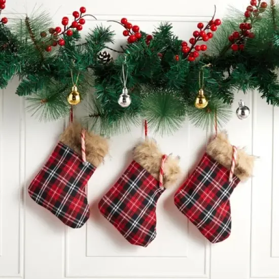 Okuna Outpost 12 Pack Mini Christmas Stockings, Red Buffalo Plaid Holiday Decor (6 x 8 in) image {1}