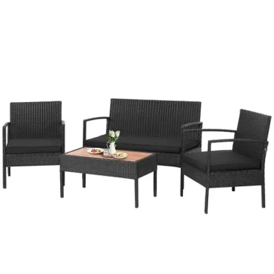 Costway 4PCS Patio Rattan Furniture Set Cushioned Chair Wooden Tabletop Black image {9}