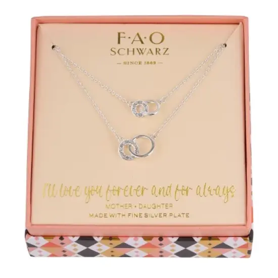 FAO Schwarz Silver Tone Interlocking Ring Mommy and Me Duo Necklace Set image {1}