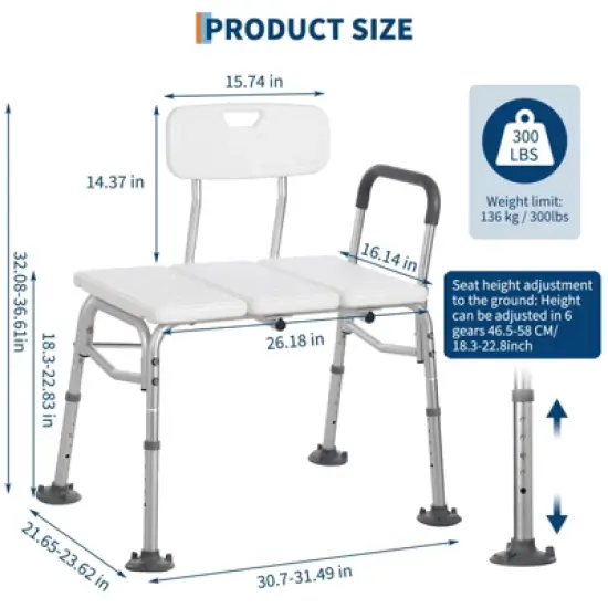 Tub Transfer Bench and Shower Chair with Non Slip Aluminum Body, Shower Chair with Backrest & Padded Armrest, Adjustable Seat Heigh image {8}