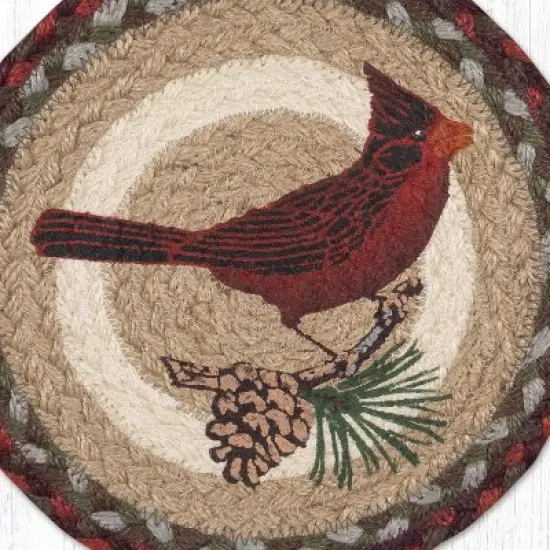 Earth Rugs Cardinal Pinecone Round Trivet &ndash; 10" Red Bird & Pine Print on Braided Natural Jute Table Mat image {2}