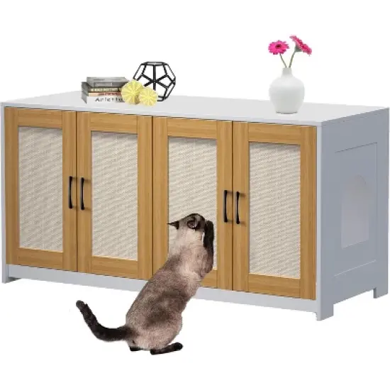 2  Cat Litter Box Cabinet, 47'' Hidden Litter Box Enclosure with Double Room, Wooden Cat House TV Stand Sideboard with 4 Sisal Doors image {9}