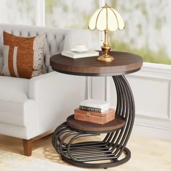 Tribesigns 2-tier Round End Table, Side Table with Storage Shelf, Metal Arc-Shaped Frame Accent Table for Living Room, Bedroom image {3}