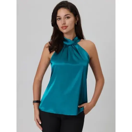 Hobemty Women's Halter Neck Sleeveless Tie Back Satin Work Blouse image {1}