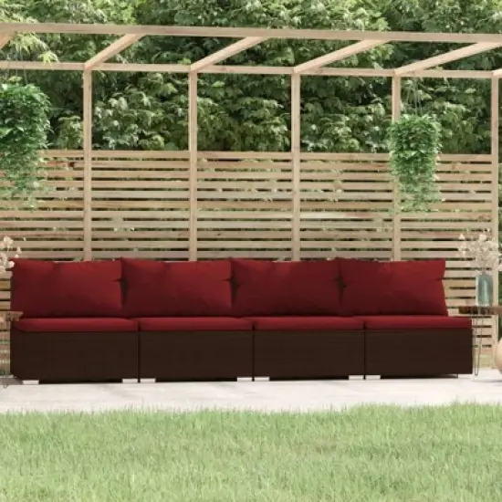 vidaXL 4-Seater Patio Sofa - Comfortable Outdoor Seating with Cushions - Resistant PE Rattan and Steel Material - Brown and Cinnamon Red image {1}