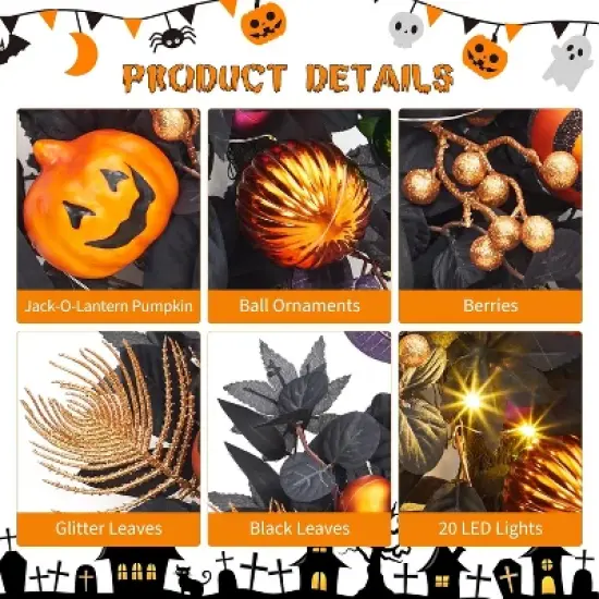Halloween Wreath for Front Door, 20 Inch Pumpkin Wreaths with 20 LED Lights Ball Ornaments Berries, Pre Lit Halloween Decorations for Indoor Outdoor image {5}