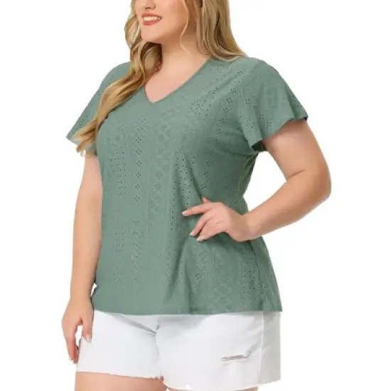 Agnes Orinda Women's Plus Size V Neck Eyelet Short Sleeve Casual Trendy Blouse image {1}