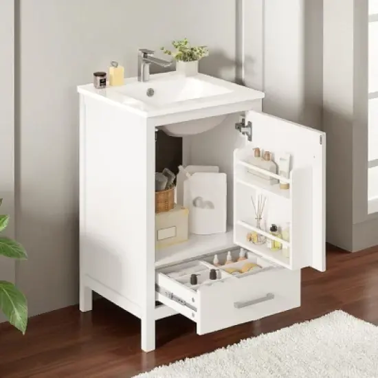 20-Inch Modern Bathroom Vanity with Ceramic Sink, Soft-Close Drawer & Door, Double-Layer Door Organizer, Divider Drawer, Adjustable Foot Pads image {11}