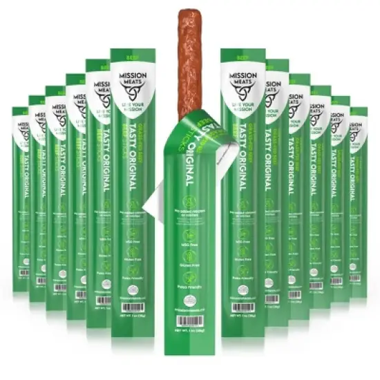 Mission Meats Beef Sticks &ndash; 100% Grass Fed & Pasture Raised, Sugar Free, Individually Wrapped Healthy Snacks, Whole 30 & Paleo, Original 1oz (12ct) image {7}