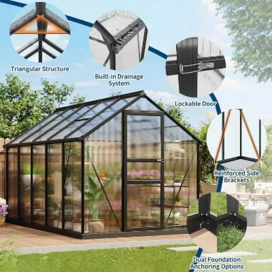 GustoWave 10x6 Ft Outdoor Greenhouse, Polycarbonate Walk-In Garden Room （Contains 2 ventilation windows） image {4}