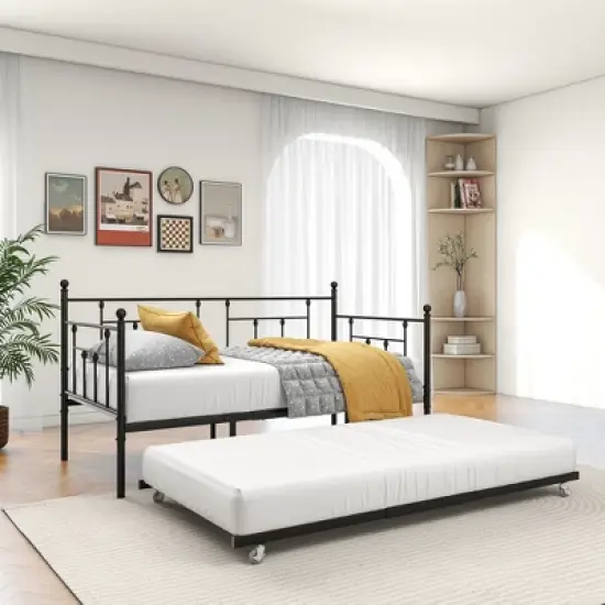 Twin Size Daybed Metal Frame with Trundle Set, Twin Day Bed Sofa, Daybed and Roll Sofa Bed for Guest Room, Bedroom, Living Room, Victorian Style image {3}