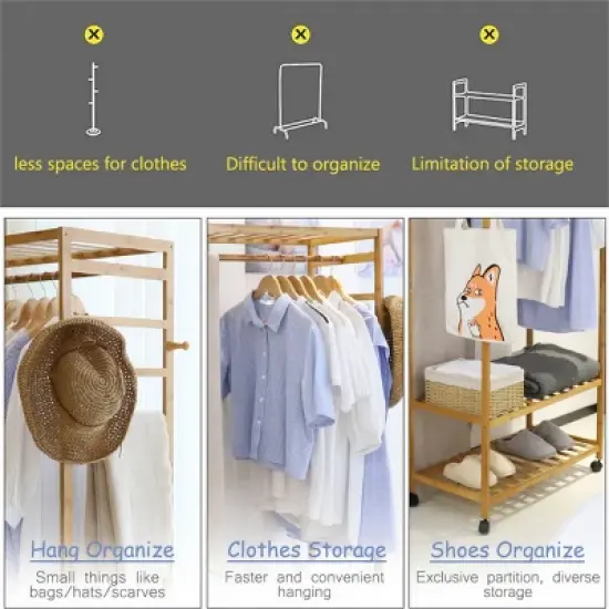 Artloge Heavy Duty Freestanding Bamboo Clothes Rail Shelf Rolling Garment Closet Wooden  Organizer Stand with 3 Tier Storage Shelf & Lockable Wheels image {3}