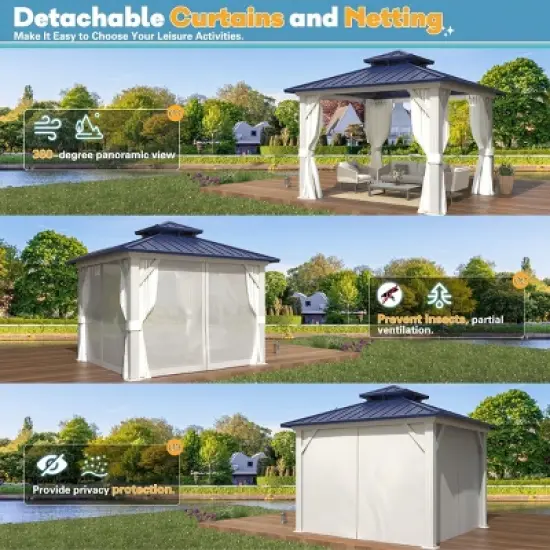 EROMMY 10' X 12' Hardtop Gazebo with Galvanized Steel Roof, All-Season Aluminum Outdoor Pergola with Netting & Curtains image {5}